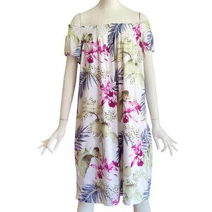 TOMMY BAHAMA Lillium Garden On Off Shoulder Tropical Floral Rayon Jersey Dress M